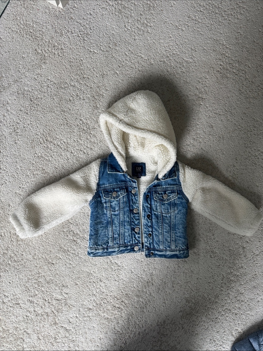 GAP Blue Denim Jacket with Cream Sherpa Hood & Sleeves